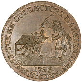 Westwood’s Collectors’ Halfpenny, 1796, connoisseur smoking pipe, seated at table spread with medals, elderly...