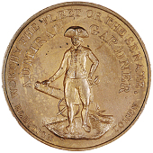 Kempson’s Admiral Gardner Election token, 1796, Gardner in naval uniform standing in front of a cannon, rev....