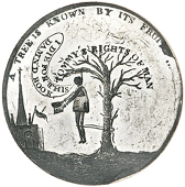 Thomas Paine, 1793, a white metal medal, unsigned, man hanging from tree, a tree is known by its fruit…, i die for...