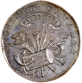 Blofield, Kempson’s mule Halfpence (2), from the same obv. die as previous, revs. mounted dragoon, queen’s bays,...