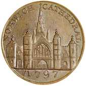 Norwich, Joseph Hardingham, Kempson’s mule Halfpenny, 1797, from the same obv. die as previous, rev. helmeted bust...