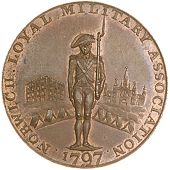 Norwich Loyal Military Association, 1797, a copper medal, unsigned, soldier bearing arms in front of a row of tents,...