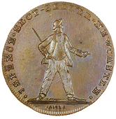 Newcastle upon Tyne, Jeremiah Spence, Skidmore’s Halfpenny, 1797, sailor, rev. barge sailing left, edge grained,...