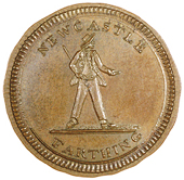 Newcastle upon Tyne, Jeremiah Spence, Farthing, 1796, similar, rev. man in barge sailing left, 3.91g/5h (DH 28)....