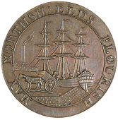 North Shields, Denton’s Halfpenny, 1795, cart unloading into ship moored at quay-side, rev. ipr monogram, edge...