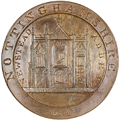 Ravenshead, Skidmore’s Penny, 1797, frontal elevation of Newstead Abbey, rev. Thomas Gorton’s cypher, edge i...