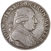 Willey and Snedshill, John Wilkinson, Three Shillings and Sixpence, 1788, in silver, bust right, rev. barge sailing...
