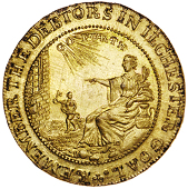 Bath, William Gye, gilt Proof mule Halfpenny by Lutwyche, seated female instructing boy to unlock a door, debtors in...