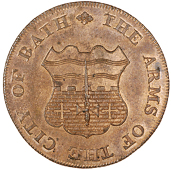 Bath, Kempson’s mule Halfpence (4), arms of Bath, revs. view of a street (3), edge engrailed, 9.92g/6h (DH 63),...