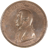 Lichfield, Richard Wright, Penny, 1800, finished bust of Richard Greene left, buttons on coat, rev. west porch of...