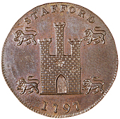 Stafford, William Horton, Westwood's Farthing, 1797, arms, rev. wh cypher and knot, edge grained, 4.92g/12h (DH 30)....
