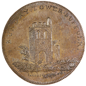 Bungay, Skidmore’s Globe series, Penny, remains of Bungay Tower, rev. globe, edge lettered, 23.44g/12h (DH...