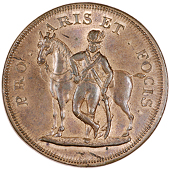 Hoxne and Hartsmere, Thomas Tallant, Penny, 1795, yeoman leaning against horse, rev. castle in crowned Garter, edge...