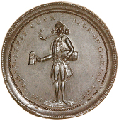 Lambeth, Prattent’s Penny, [17]96, standing figure of George Cook, smoking pipe and holding a mug and a keg, rev....