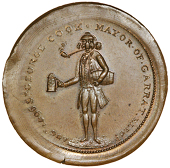 Lambeth, Prattent’s Penny, from the same obv. die as previous, rev. man seated on ground gnawing bone, french...