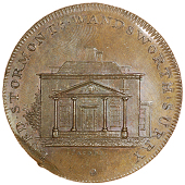 Wandsworth, Skidmore’s Clerkenwell series, Penny, view of Lord Stormont’s house, rev. shield of arms, edge...