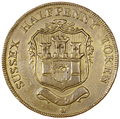 Frant, G. Ring, Halfpenny, 1794, in brass, arms of Chichester, rev. gr cypher and crest, edge payable by g · ring...