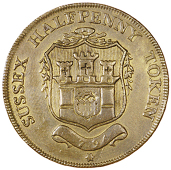 Frant, G. Ring, Halfpenny, 1794, in brass, arms of Chichester, rev. gr cypher and crest, edge payable by g · ring...