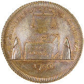 Rye, G. Bennett, Skidmore’s Halfpenny, 1796, sugar loaves, chest and scales, rev. gb cypher, edge grained over...