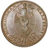 Birmingham, George Hollington Barker, Halfpenny, 1797, family arms, crest of an armed warrior above, ghb cypher...