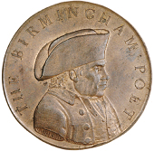 Birmingham, Donald & Co, Halfpenny, 1792, edge plain, 7.55g/6h (DH 123); Joseph Farror, Halfpence, 1791 (4),...