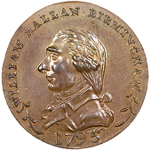 Birmingham, William Hallan, Skidmore’s mule Halfpence (3), bust of Hallan, revs. bust of David Garrick, edge...