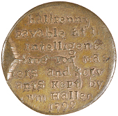 Birmingham, William Hallan, Skidmore’s mule Halfpenny, legend in 8 lines, rev. bust of David Garrick, edge plain,...