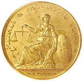 Birmingham, William Lutwyche, gilt Proof Halfpenny, Justice seated with scales, rev. wheel-operated fly press, edge...