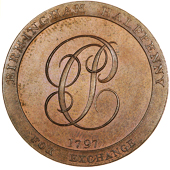 Birmingham, Charles Pye, Halfpenny, 1797, cp cypher, rev. Moneta seated right holding cornucopia of coins, bee-hive...