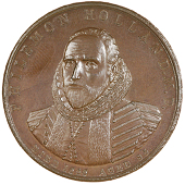 Coventry, Edmund Percy, Penny, bust of Philemon Holland three-quarters left in ruff, rev. interior of the Free...