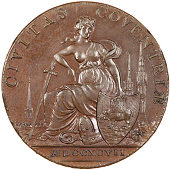 Coventry, Thomas Sharp, Halfpenny, 1797, seated female, cityscape behind, rev. Georgian house with man leaning from...