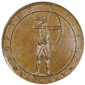 Meriden, Skidmore’s Halfpenny, 1796, archer with bow, rev. Prince’s plumes above implements of archery, edge...