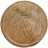 Kendal, Lutwyche’s mule Penny, lion crest above r&d cypher, rev. t · hall, etc, edge manufactured by w. lutwyche...