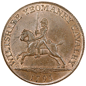 County series, Markes Lambe, Lutwyche’s Halfpenny, horseman galloping left, wiltshire yeomanry cavalry around,...