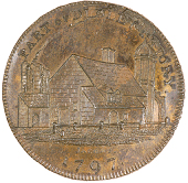 Dudley, Edward Davies, Skidmore’s Penny, 1797, view of a restored portion of Dudley Priory, rev. ed cypher between...