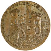 Dudley, Edward Davies, Skidmore’s Penny, 1797, view of the ruined tower of Dudley Castle, rev. from the same die...