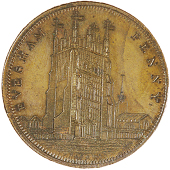 Evesham, Thomas Thompson, Skidmore’s Penny, 1796, frontal elevation of Abbot’s Tower, rev. tt cypher in wreath,...