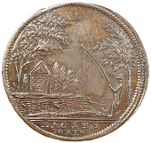 Hagley, Spence’s Halfpenny, man angling on river-bank, fishing-box under trees at left, rev. snail on river-bank,...