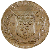 Kidderminster, T. Santer, Halfpenny, 1791, arms of the See of Worcester, rev. woolpack and palm branches, edge...