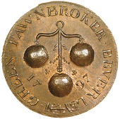 Beverley, J. Green, Halfpenny, 1797, pawnbroker’s balls, rev. money lent on plate wearing apparel &c, etc, edge...