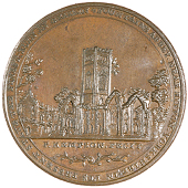 Ripon, Kempson’s Penny, view of the ruins of Fountains Abbey, rev. jk cypher within wreath of flowers, edge plain,...