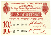 Ten Shillings (2), both 1914-18, A/63 99886-7 (Dugg. T12-2) [2]. Good extremely fine, but one with marks from paper...