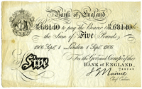 Five Pounds, 1 September 1906, 82/H 68140 (Dugg. B208b). Very fine, scarce (£400-500)




