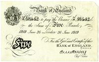 Five Pounds, 26 June 1919, 64/H 48542 (Dugg. B209a). About extremely fine (£180-220)