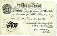 Five Pounds, 29 August 1921, C/4 09162 (Dugg. B209a). Good very fine to extremely fine (£150-180)