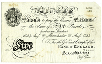 Five Pounds, 22 August 1924, 225/U 40069, Manchester (Dugg. B209a). A couple of numbers at top right and a short...