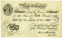 Ten Pounds, 12 December 1919, 74/K 08442 (Dugg. B209b). Bankstamp of the London branch of the Banco Español del Rio...