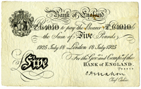 Five Pounds, 18 July 1925, 133/E 64010 (Dugg. B215). A few brown marks on upper right, otherwise very fine (£150-180)