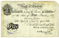 Five Pounds, 22 April 1936, T/219 52276, Leeds (Dugg. B241). A few pencilled letters on back, otherwise good fine...