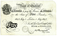 Five Pounds, 1 July 1942, C/274 69933 (Dugg. B241). Two Post Office stamps on lower centre, otherwise good very...